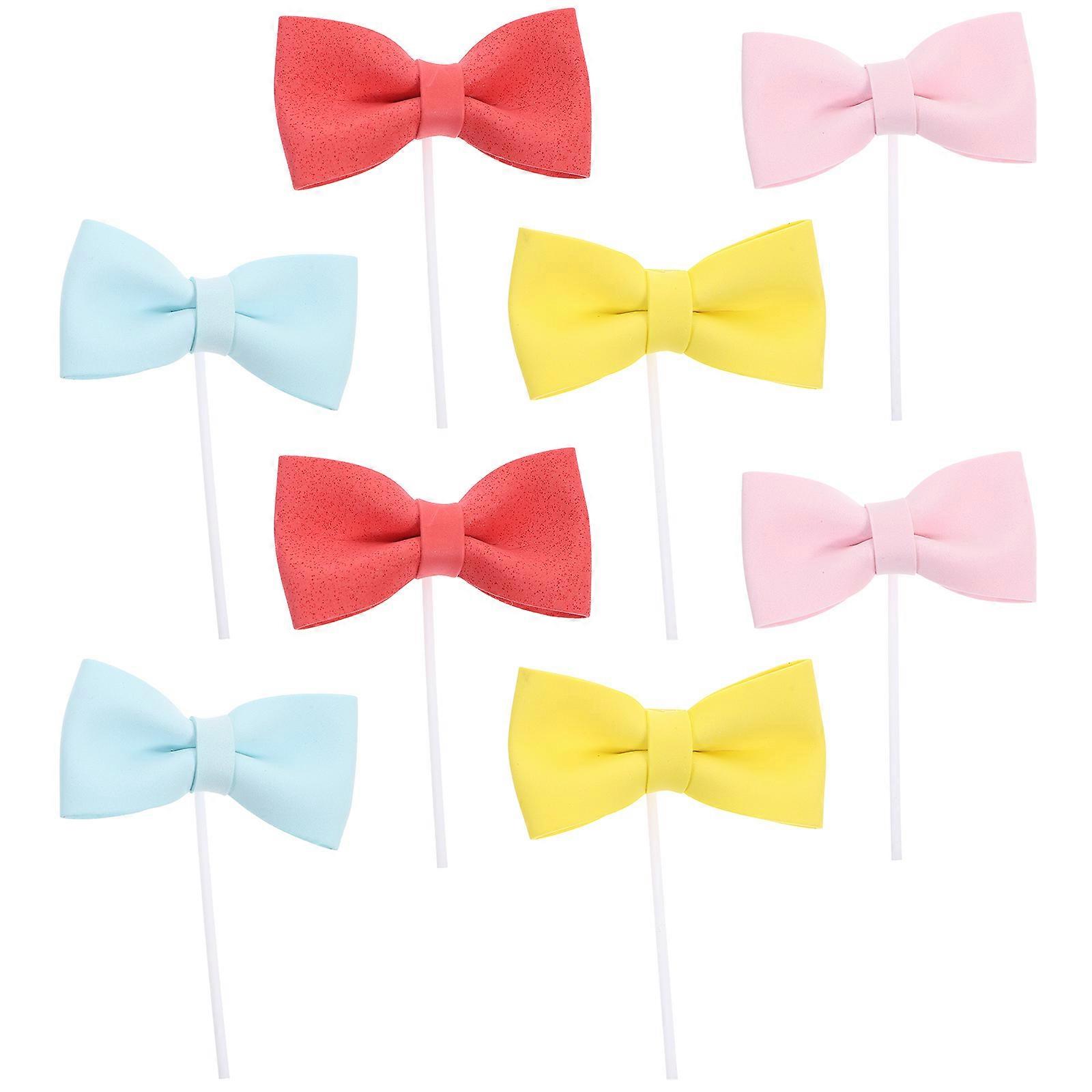 Bow Cupcake Toppers Decor Yellow Colorful Ribbon Style Photo Prop 8Pcs