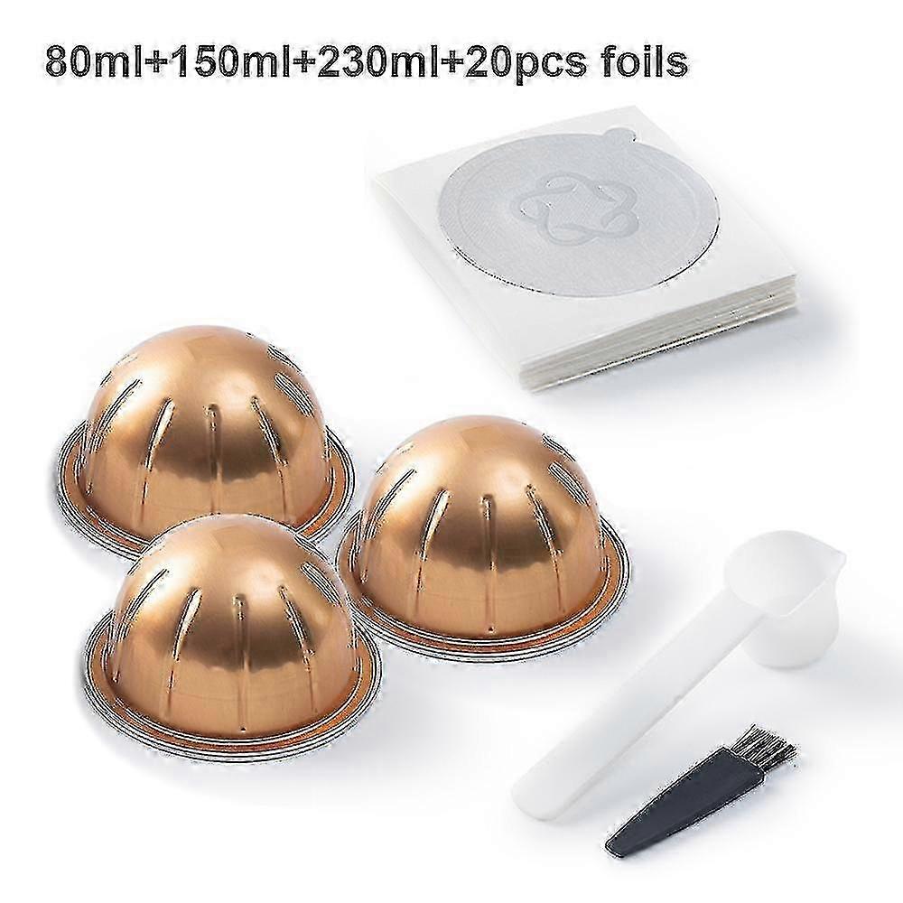 3pcs 80/150/230ml Reusable Coffee Capsule Pods Compatible with Certain Brand Vertuo Next Vertuoline Refillable Filters with Aluminum Foil Li