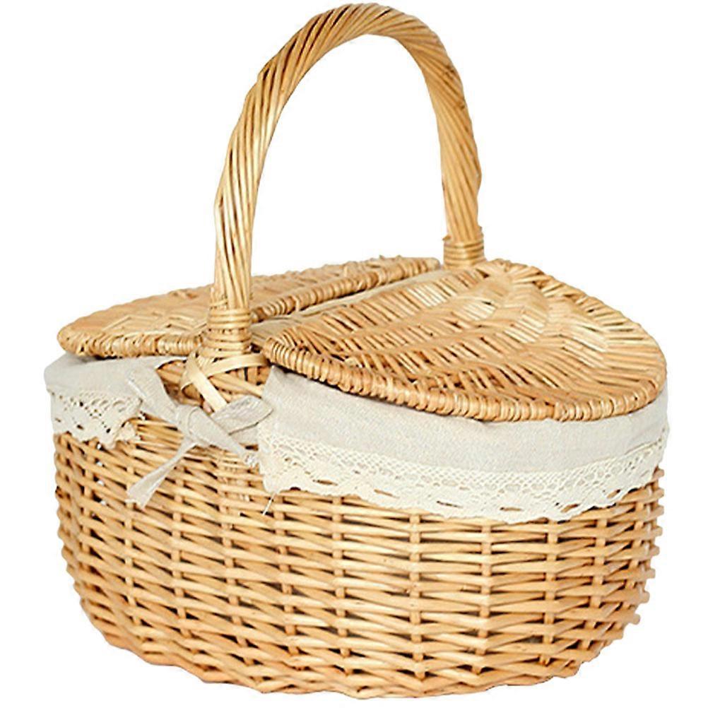 Wicker Picnic Basket, 13.8\ Picnic Basket With Lid And Handle, Large Woven Basket With Washable Lining"