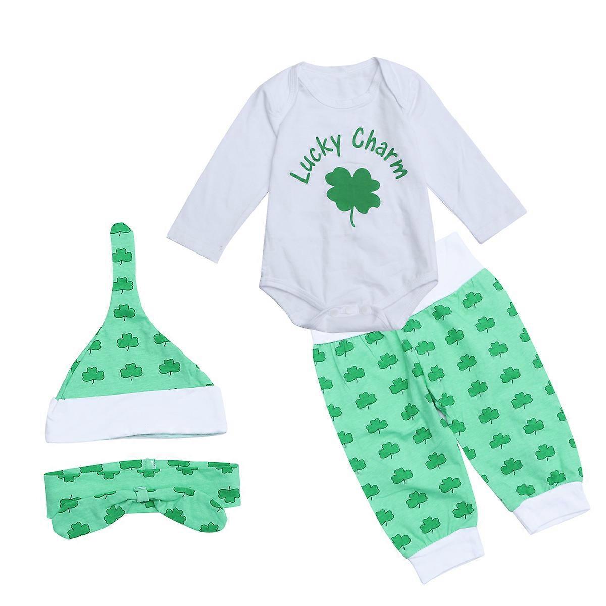 Infant's ST. Patricks Day Outfits Charm Costumes Long Sleeve Romper, Clover Printed Pants, Headband and Hat Bodysuit Outfit Set 80cm (White)