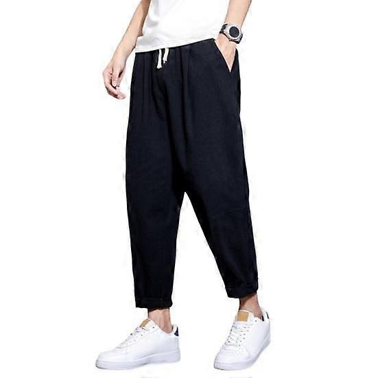 Men Ninth Pants Thin Side Pockets Elastic Waist Wide Japanese Style Drawstring Leg Solid Color Retro Gym Traning Jogging
