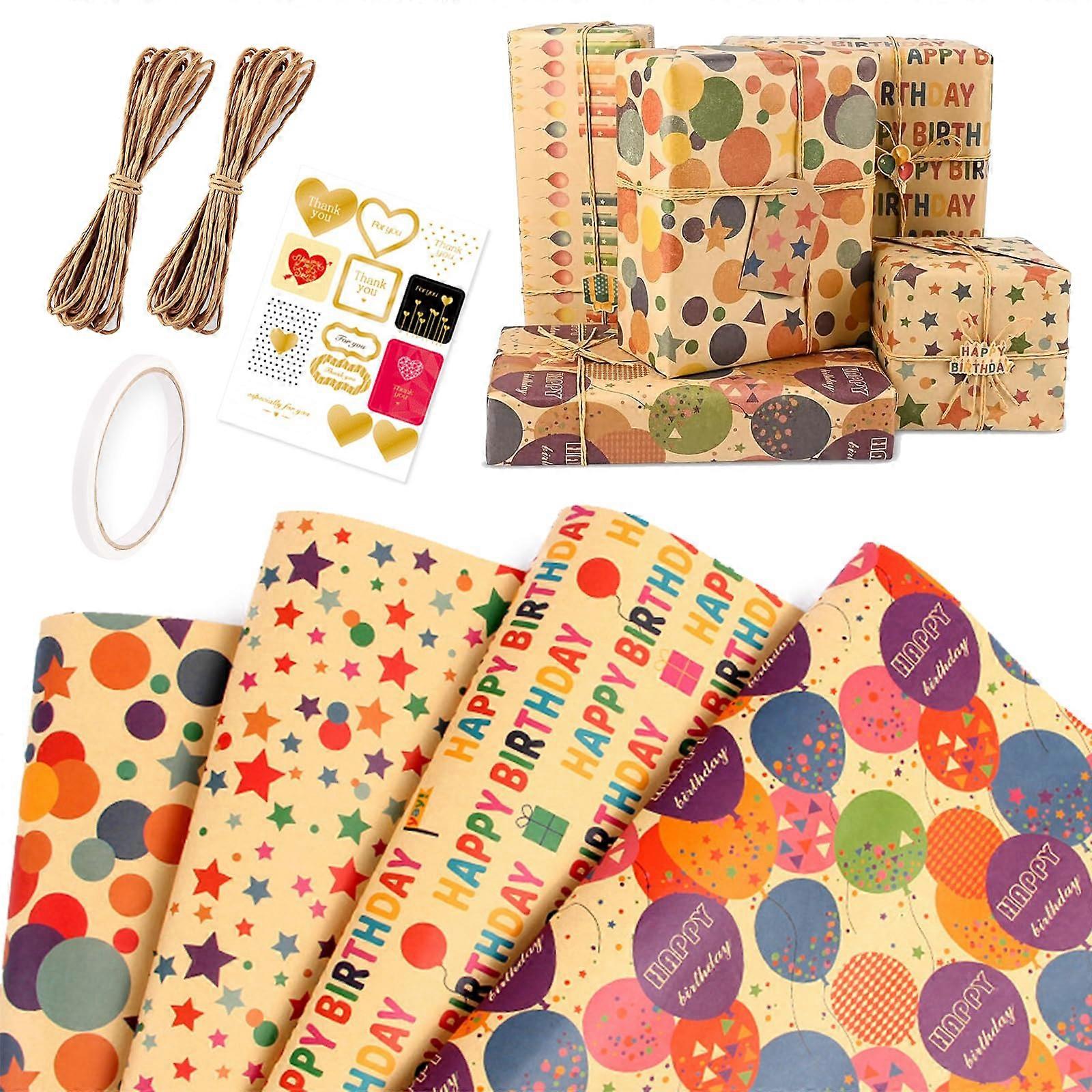 Birthday Gift Wrapping Paper Set, 4 Sheets Eco Kraft with Colourful Patterns, 70x50cm, Jute Strings and Gift Tags