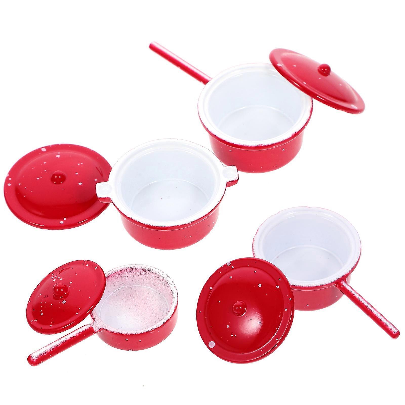 Miniature Cooking Pots Set of 4 Soup Pot Stew Pot Red Alloy for Doll House Decor Lightweight