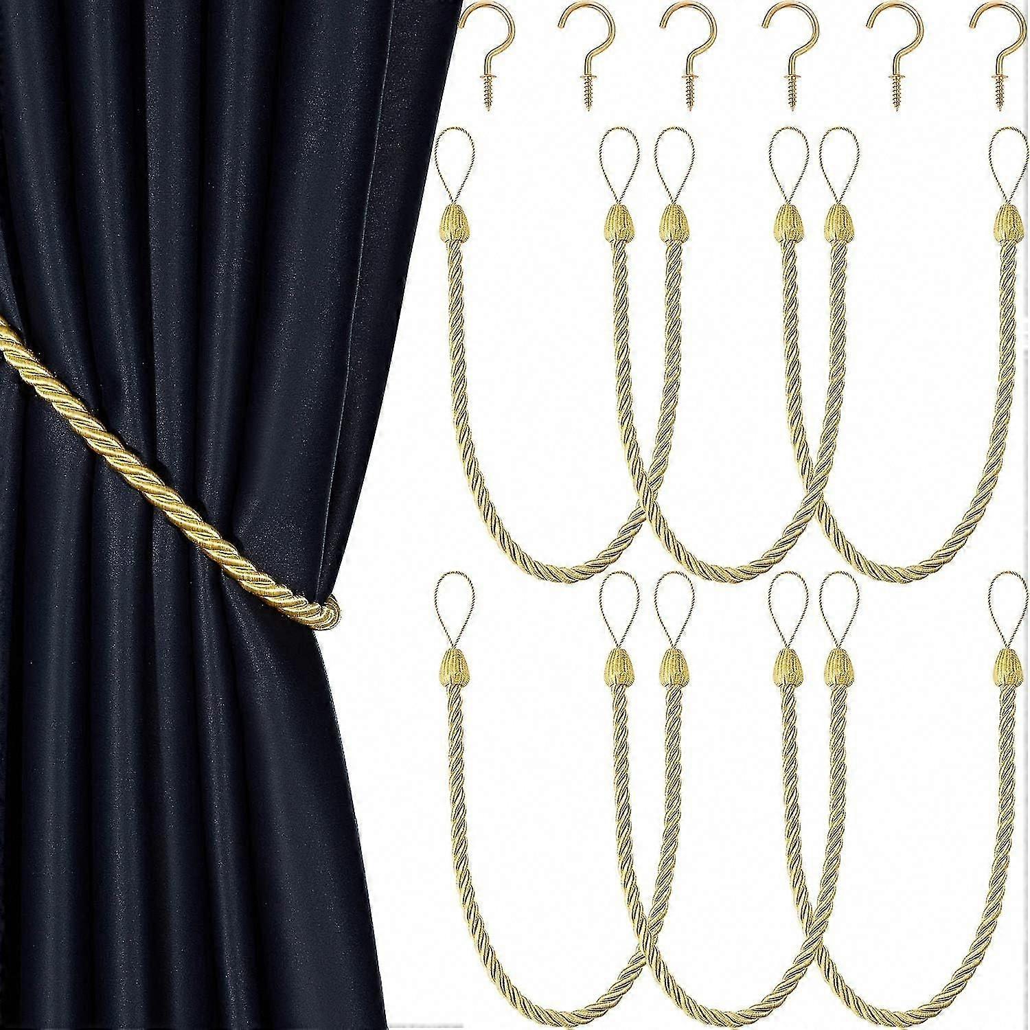 6 Gold Braided Curtain Tiebacks with Hooks for Metal Curtains, Handmade Rope Holdbacks, Set of 6