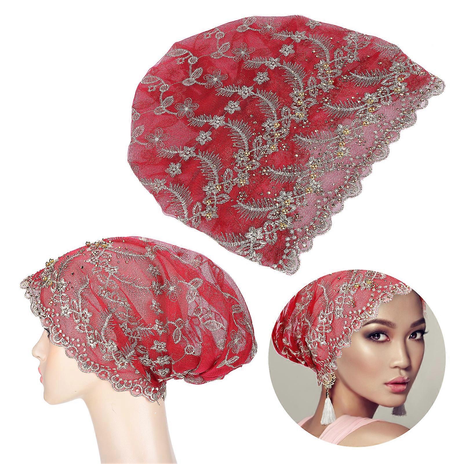 Elegant Red Wine Turban Head Wrap, Embroidered Feather Style, Free Size