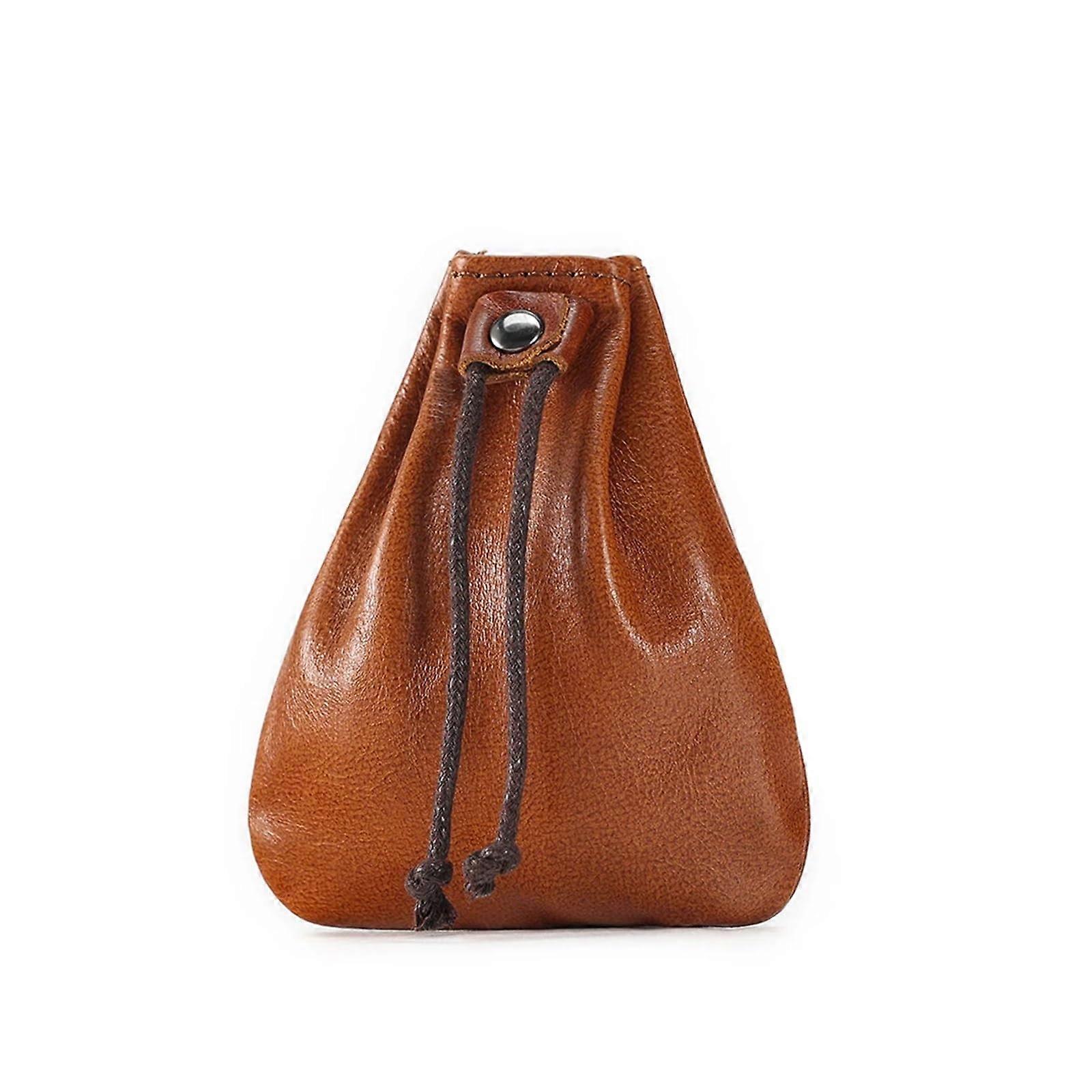 Leather Men's Coin Purse Card Holder, Mini Portable Wallet, Unisex Retro Drawstring Wallet, Brown