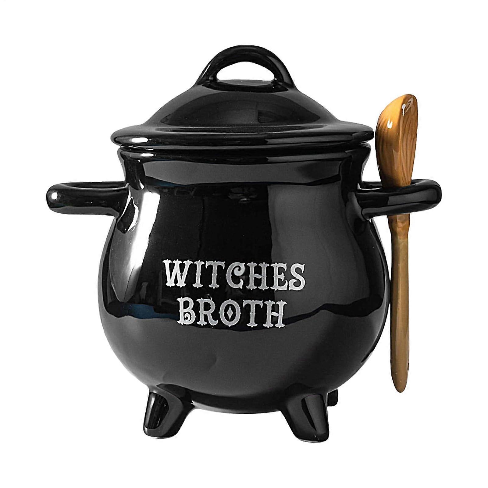 Witch Soup Bowl Ceramic Crock Decorative Stew Pot Black Cauldron Broth Dipping Bowl For Family Gatherings