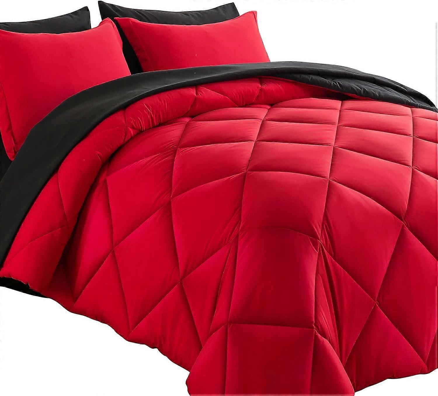 Bed in a Bag Queen 7pcs Reversible Comforter Set Red/Black, Down Alternative, All Season, with Comforter, Sheets & Shams