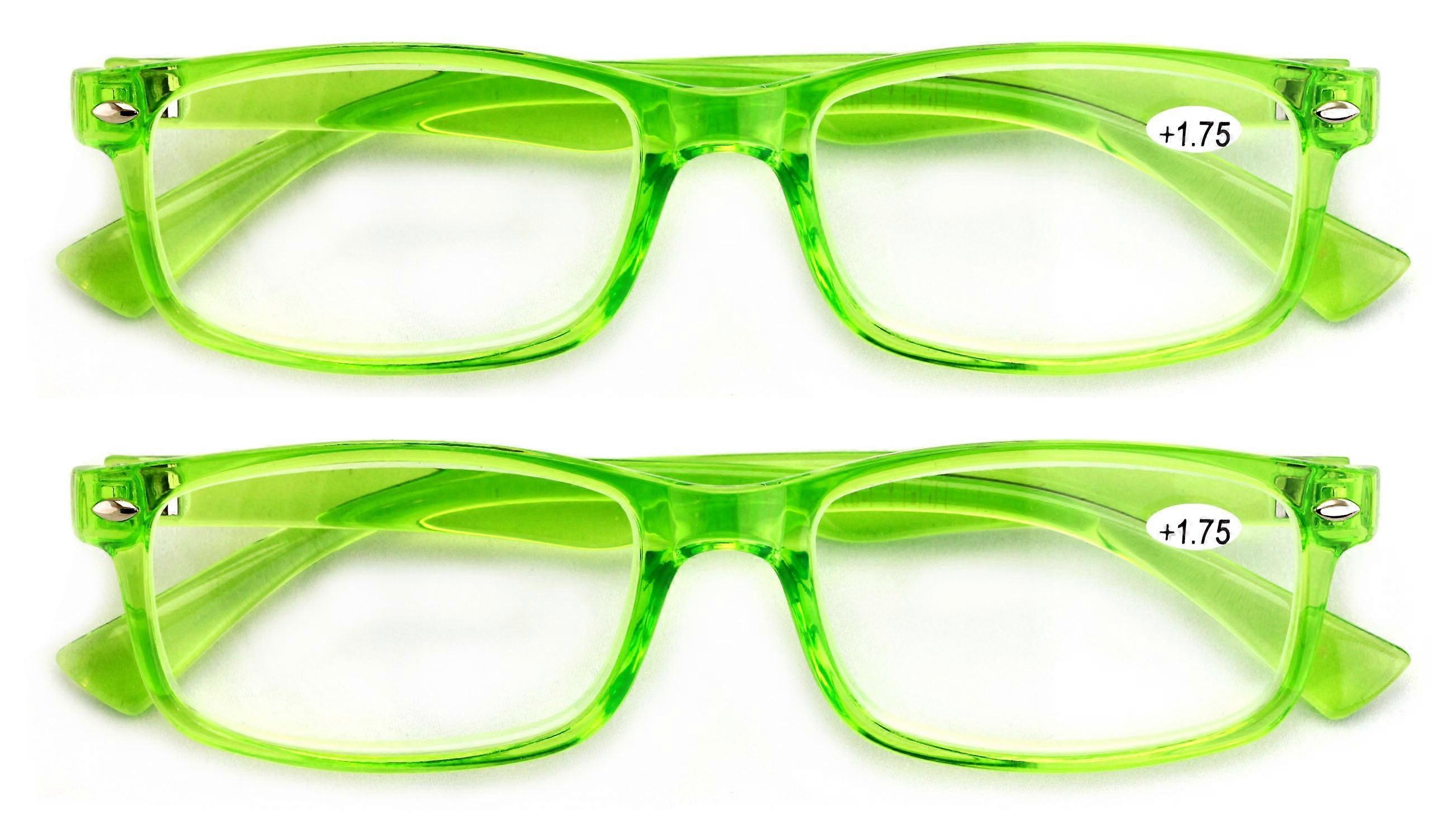 2 Pairs Casual Fashion Rectangular Reading Glasses - Stylish Simple Readers Rx Magnification - Translucent Neon Green +3.25