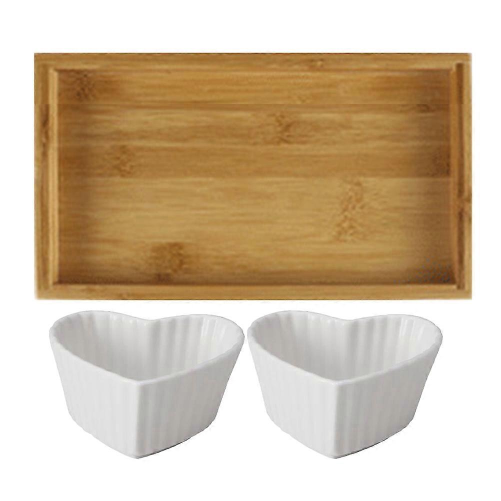 Bamboo And Ceramic Heart Shaped Food Tray For Parties And Dining Table 2 Sets