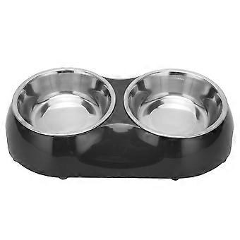 Stainless Steel Nonslip Double Pet Bowls Household Food Water Feeder for Medium and Small Pet(S Black)