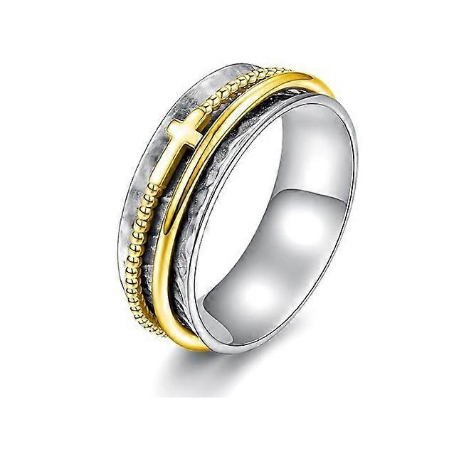 Ring, Simple Cross Two-Tone Rotatable Stress Relief Women's Vintage Wide Face, Zinc Alloy Electroplated Size 8