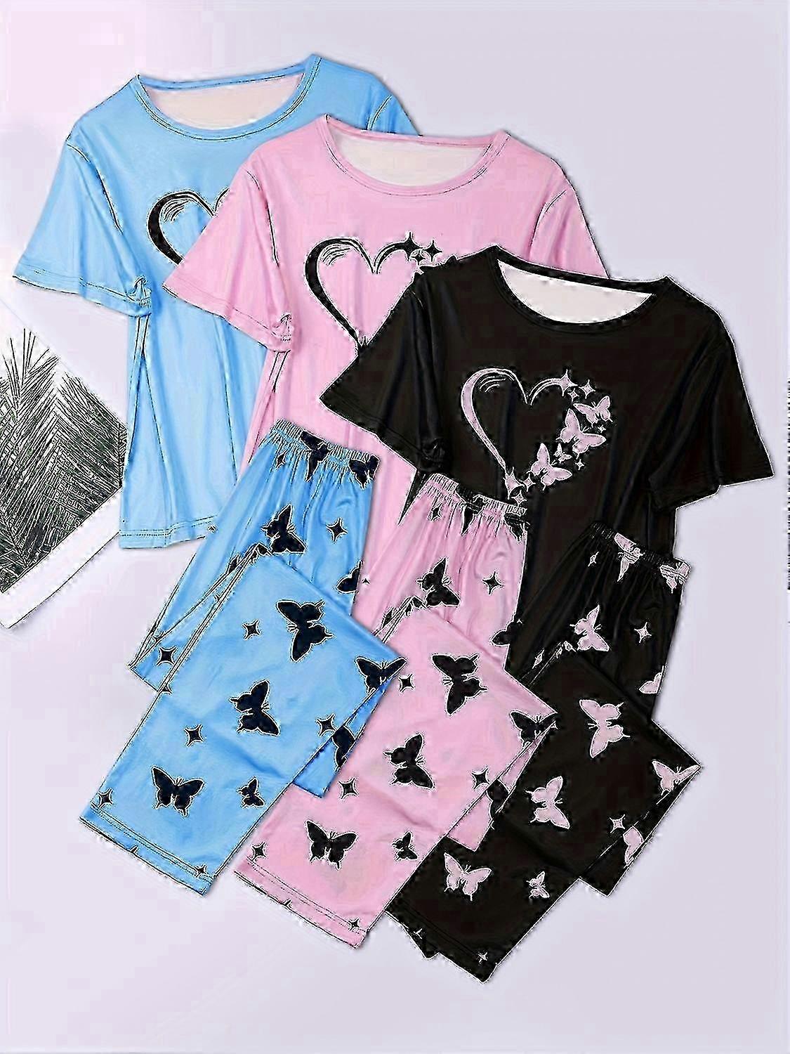 3 settiä Sydänprintti Pyjamasetti Lyhythihainen Crew Neck Top &; Joustava vyötärönauhahousut Naisten yöpuvut