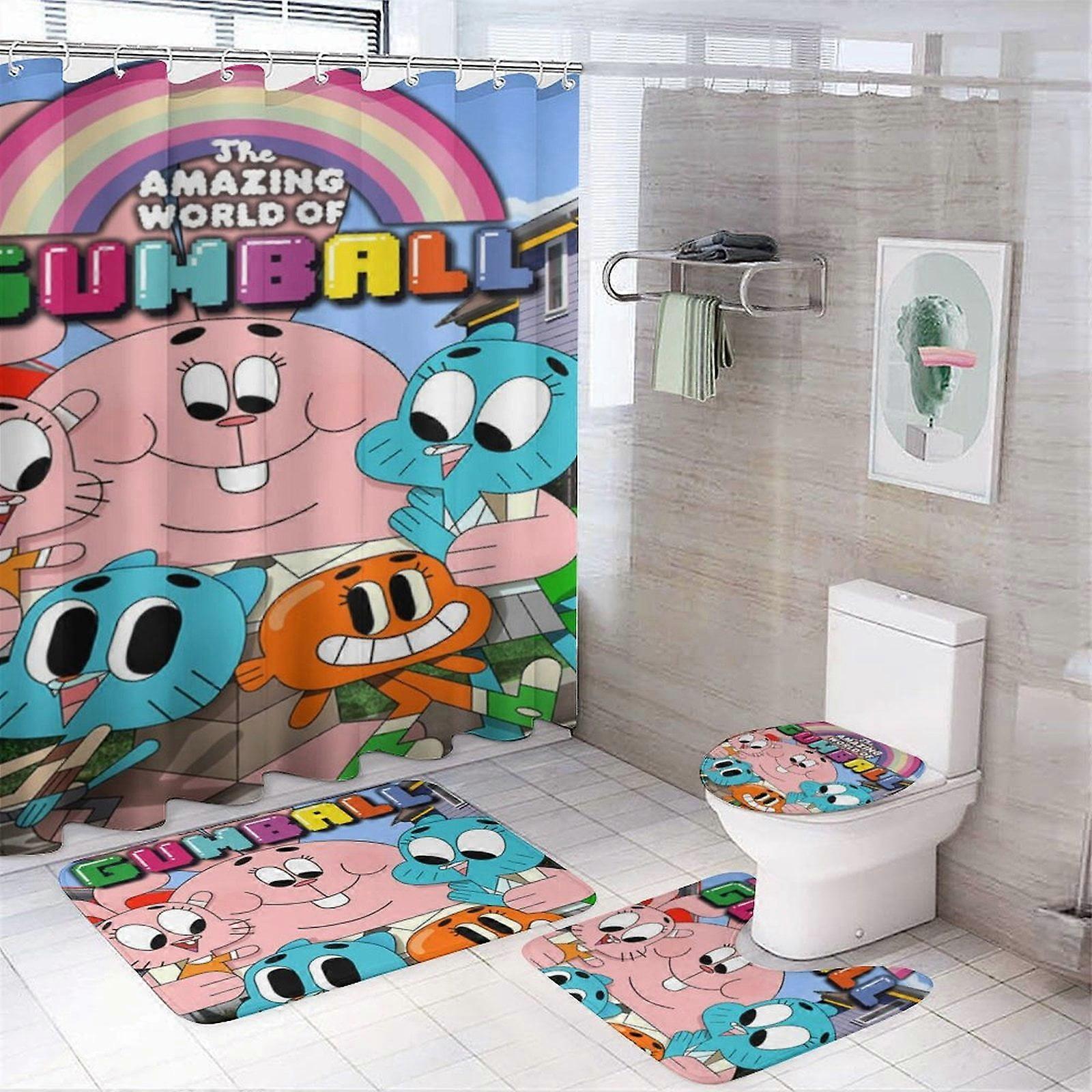 Amazing World of Gumball 4-Piece Bathroom Set with Non-Slip Rug, Toilet Cover & Waterproof Shower Curtain (12 Hooks, 72"x72")