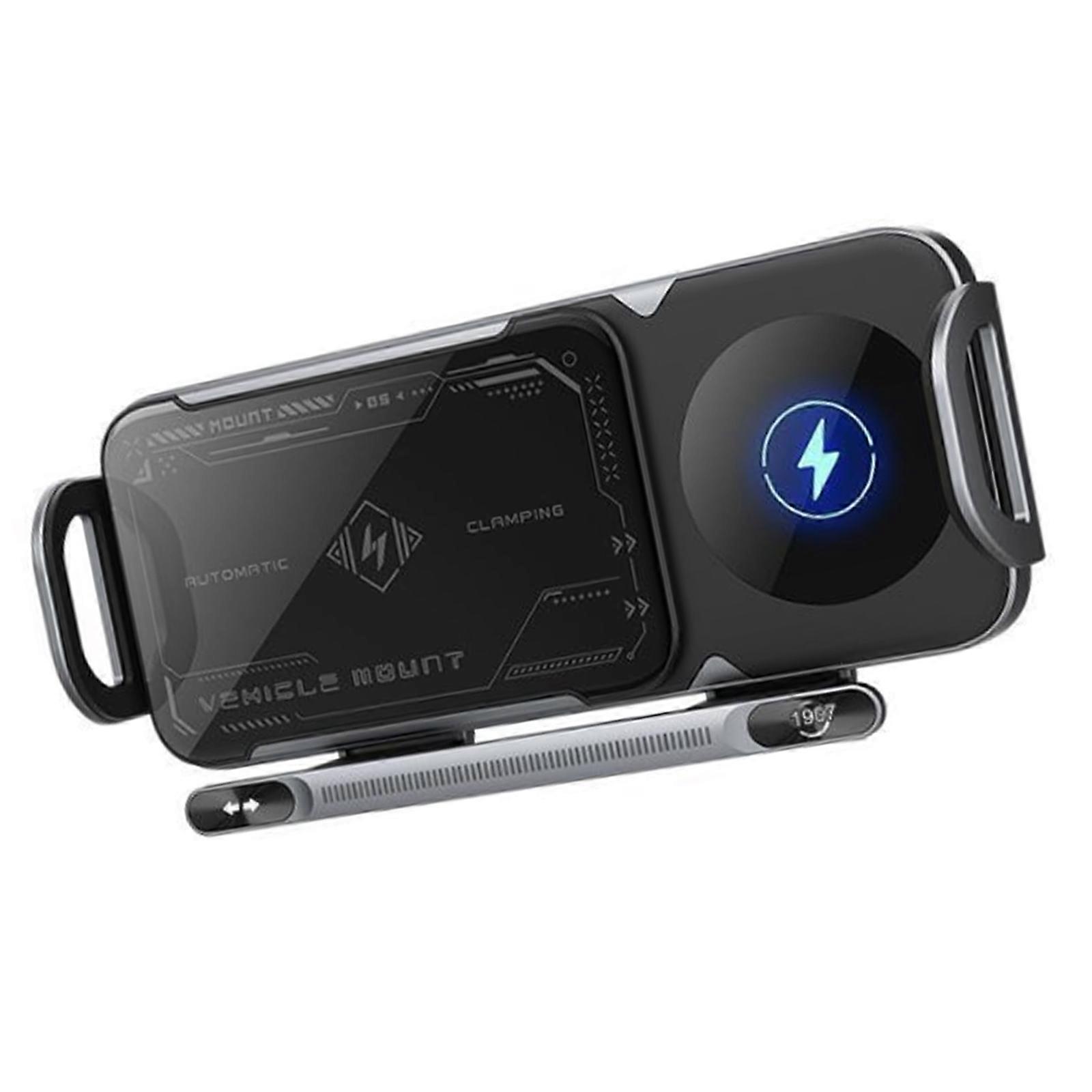 Automatic Clamp Rotating Car Phone Mount Stand With Magnetic Wireless Charging With 90° Rotation For Smartphones Tablets  grey