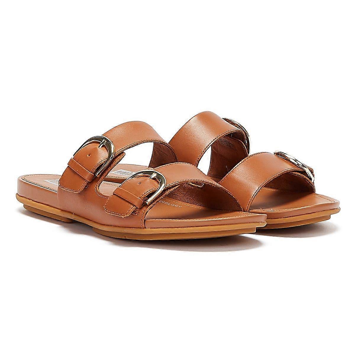 FitFlop Gracie Buckle Leather Womens Light Tan Slides
