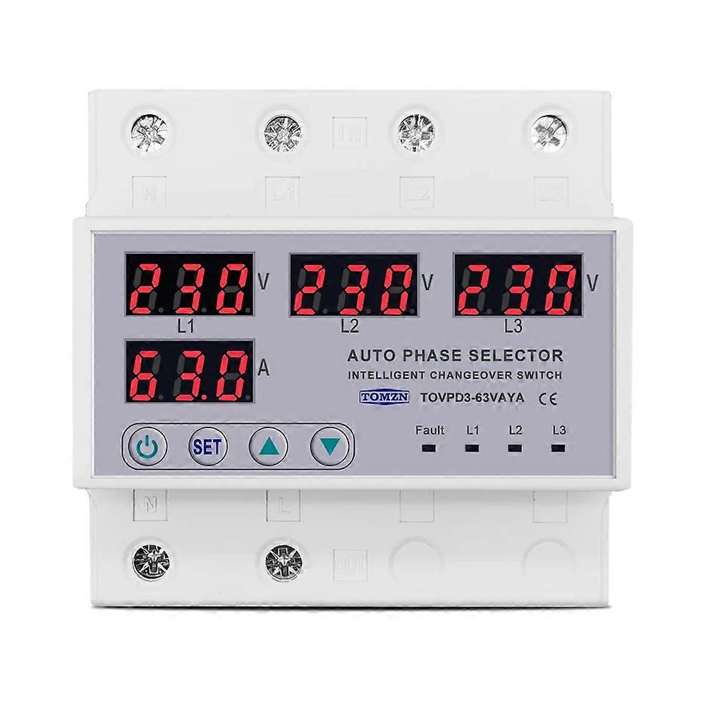 TOMZN 63A 3 Phase 3P+N Din Rail Phase Selector over and Under Voltage Current Protection Monitor Relays Protector