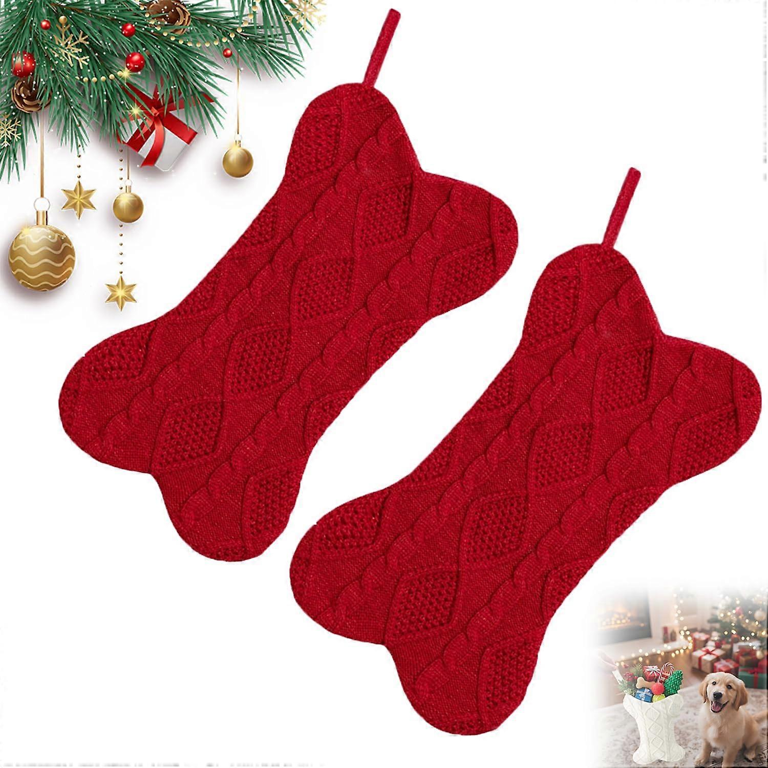 Bone Shaped Dog Christmas Stocking Large Knitted with Hanging Loop for Fireplace Mantel 2PC Red