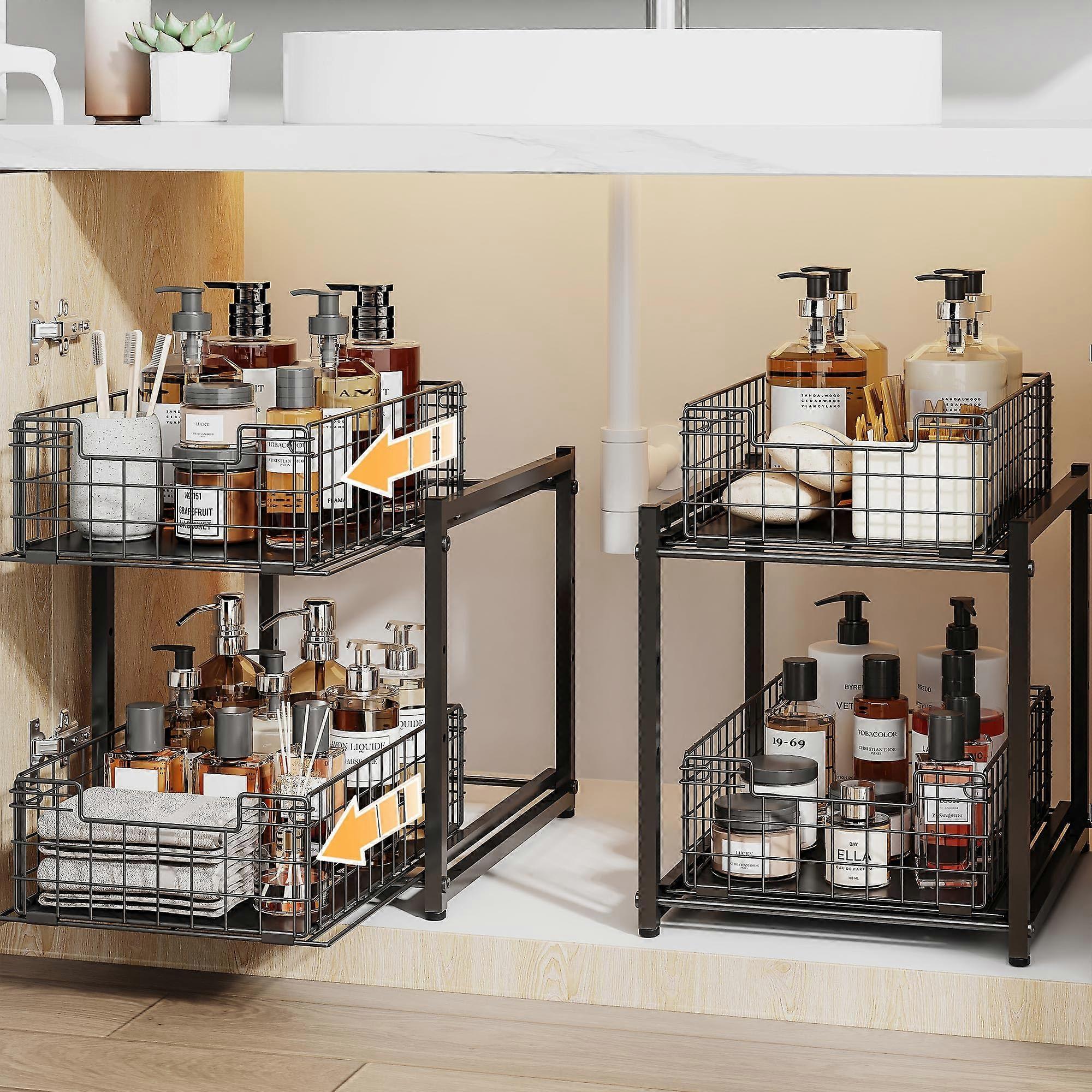 Under Sink Organizer 2 Tier Sliding Storage Rack Adjustable Height Shelves with Smooth Sliding Baskets for Bathroom and Kitchen 13.8x11x15.8 Inch