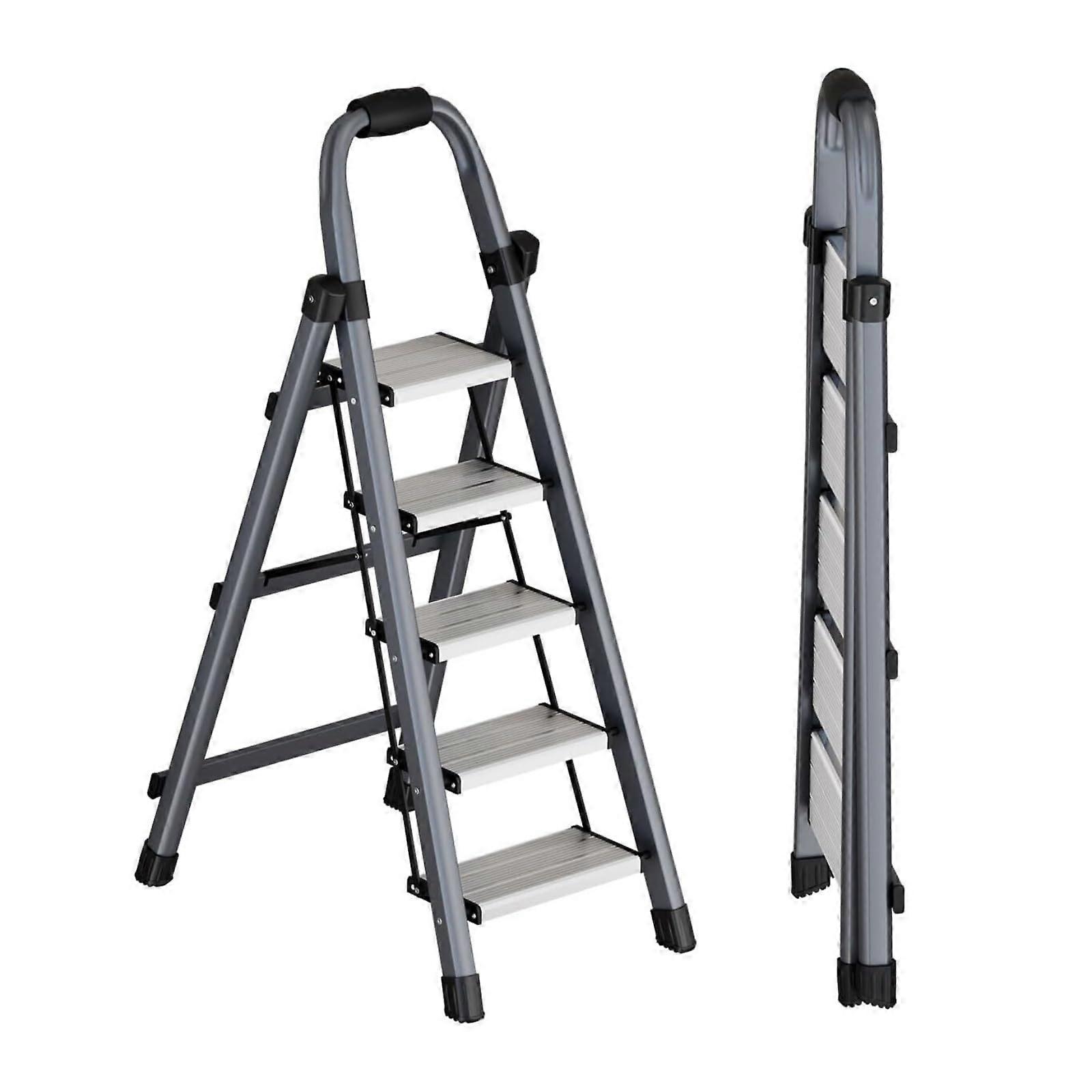 5 Step Folding Ladder with Wide AntiSlip Pedal and FoamPadded Handrails for Home and Kitchen
