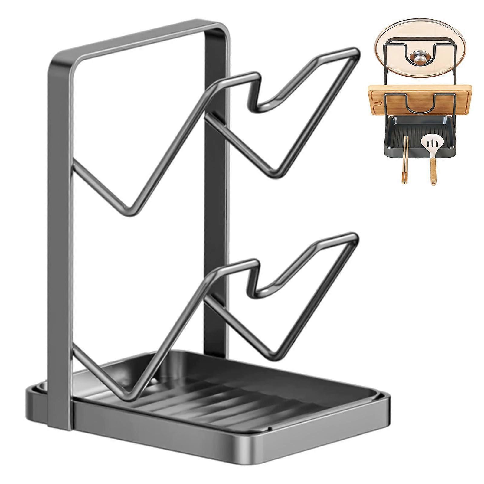 Pot Lid Holder with Drainage Tray, Multifunctional Kitchen Spoon Rest, 2Layer Countertop Organizer, Black