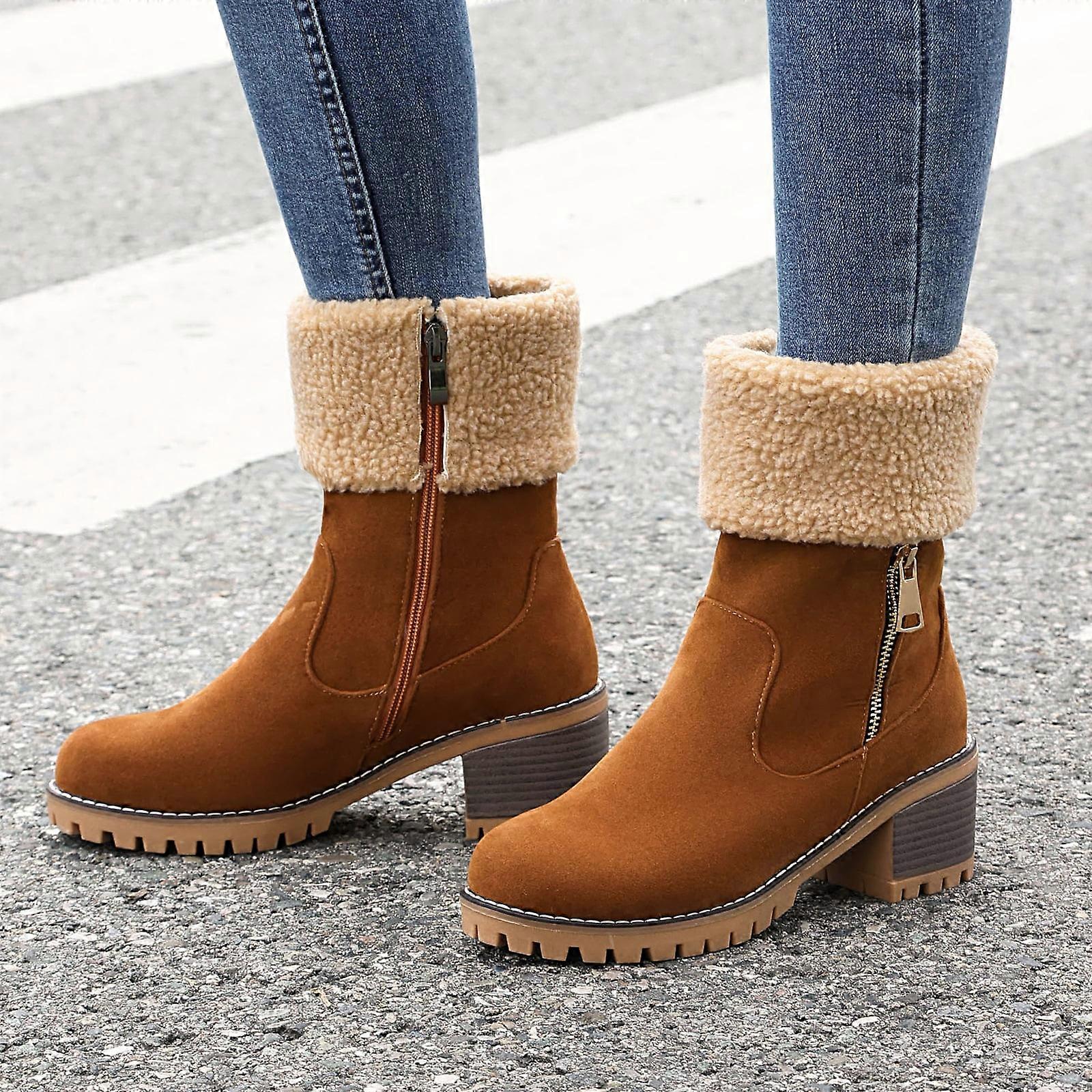 Willtoo Snow Boots for Women Suede Chunky Mid Heel Side Zipper Winter Boots Fur Lined Slip on Warm Outdoor Party Shoes Camel
