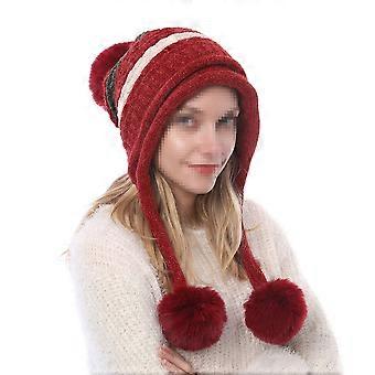 Women Wool Knitted Hat Headgear Warm Ski Hat Hair Ball Decor Wool for Winter Adults Girls (Red)