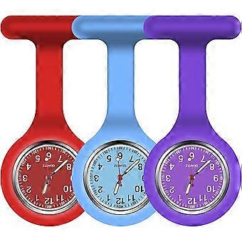 3-Pack Silicone Nurse Clip Watch with Luminous Hands, Ideal for Night Shift, Hospital, Outdoor Activities - Black, White, Dark Blue