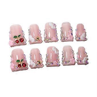 10Pcs Duck Shaped Press On Nails French Style 3D Floral Rhinestone Decor Reusable Salon Quality