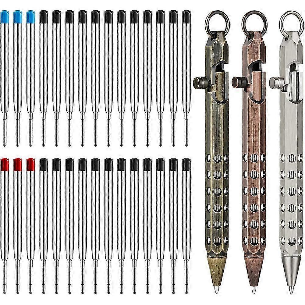 3Pack Bolt Action Pen Set, Hexagonal Solid Brass Pocket Pen with 30 Ballpoint Refills C
