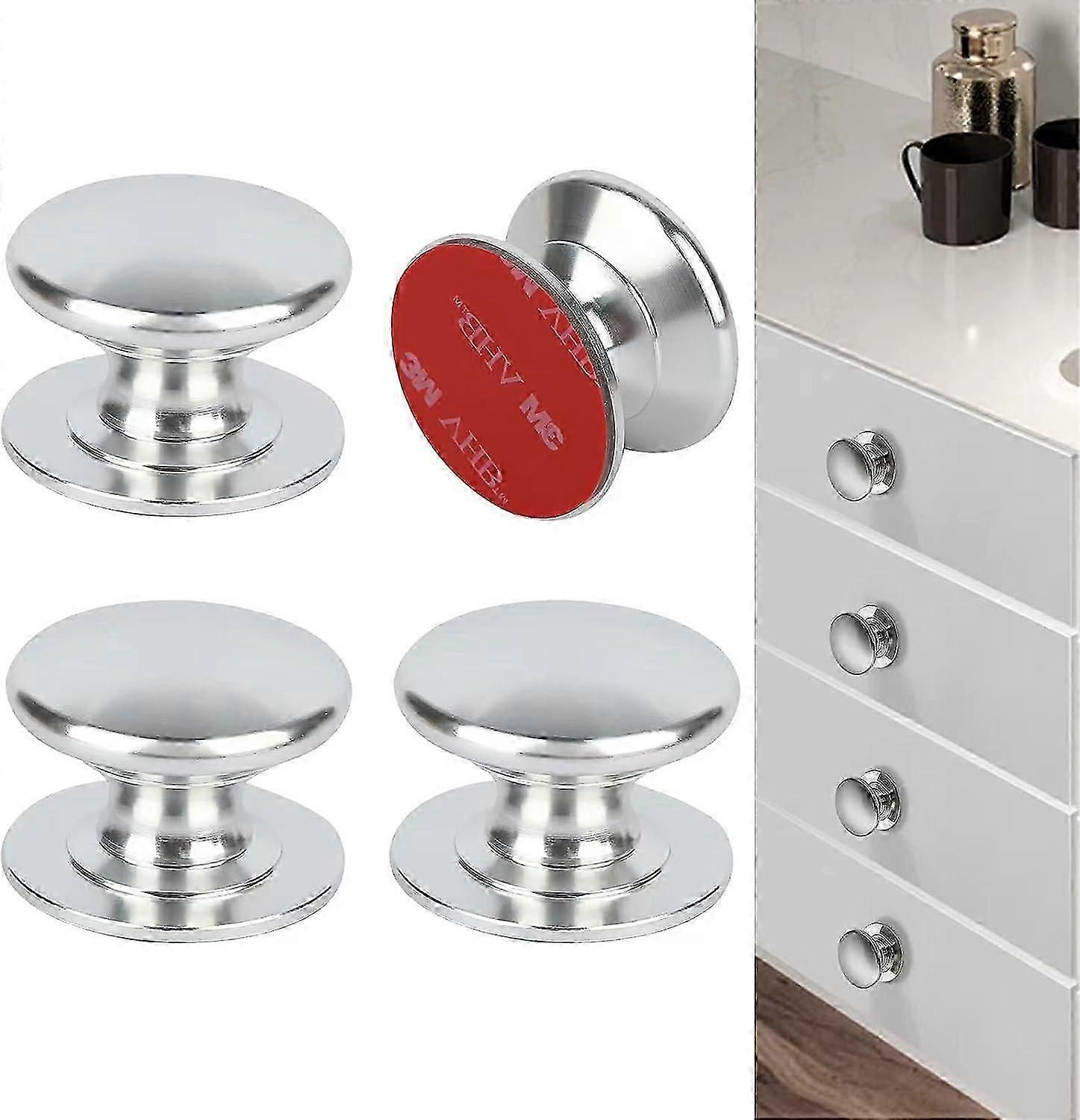 4 pack aluminum self-stick knobs no drilling self-adhesive drawer knobs silver cabinet handle pull w [MI]