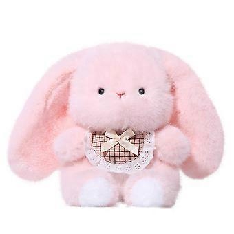 Pink LopEar Bunny Doll With Lace Plaid Apron & Bow For Cuddling & Gift