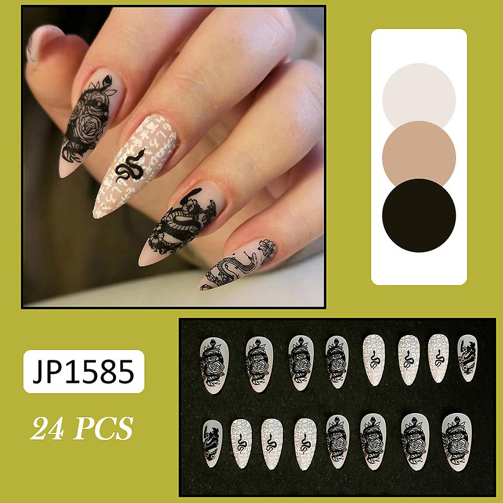 Snake Pattern Printed Long Fake Nails Long Lasting Safe Material Waterproof False Nails