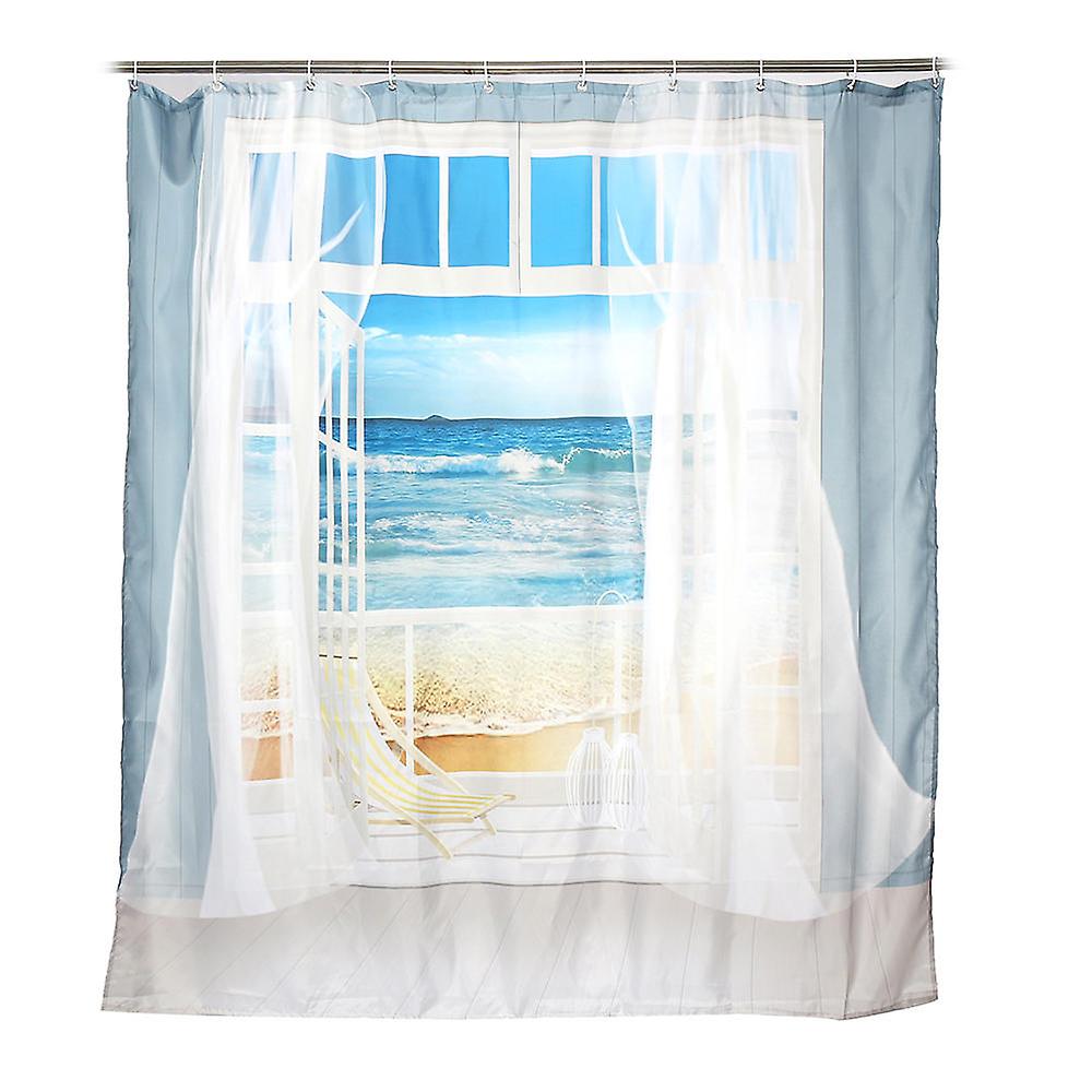 4Pcs Beach Print Bathroom Shower Curtain Set - Polyester, Patent Prints