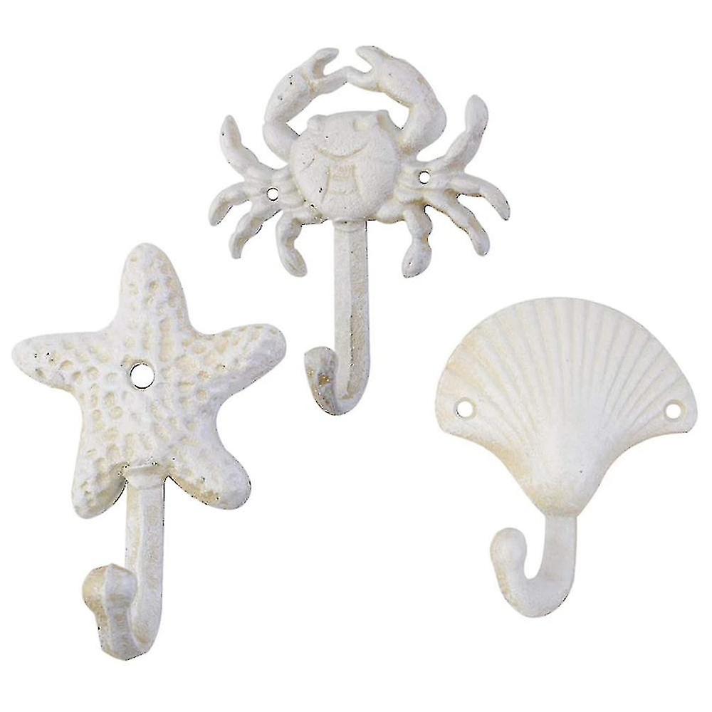 Set Of 3 Starfish Seashell Crab Cast Iron Decorative Wall Hooks Coats Aprons Towels Hooks Beach Oce