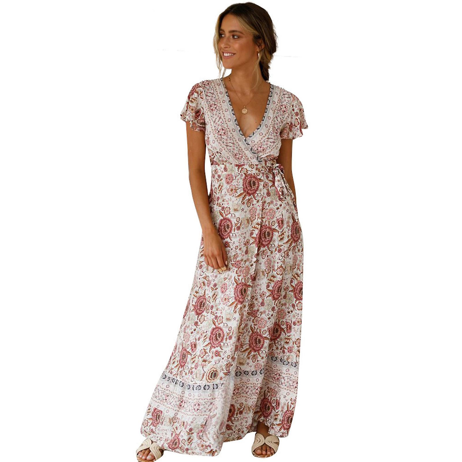 Casual Wrap Klänning För Kvinnor Hög Split Flower Print Mjuk Lång Klänning