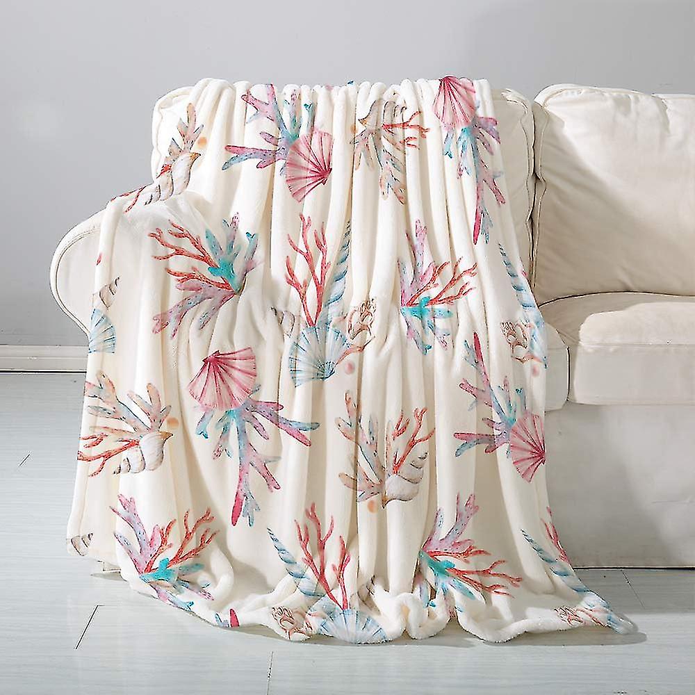 Flannel Blanket Sofa Throwdrawing Watercolor Seashell Coral Reefs Round Starfish Summer Textures- Versatile Blanket Fluffy Soft Throw For Bed And Couc