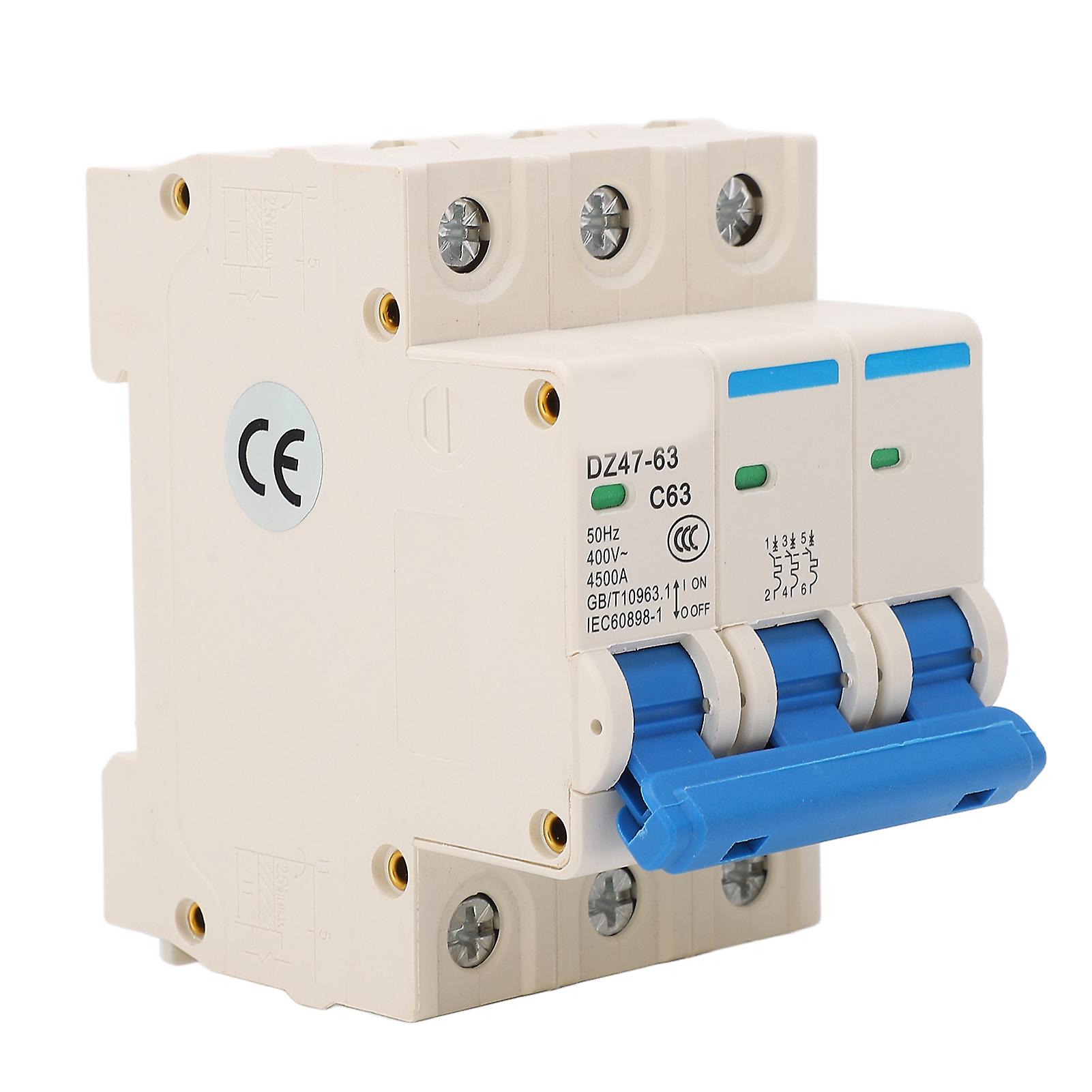 3P Miniature Circuit Breaker, DIN Rail Mounting, Overload Protection, AC 400V, 50Hz, 63A