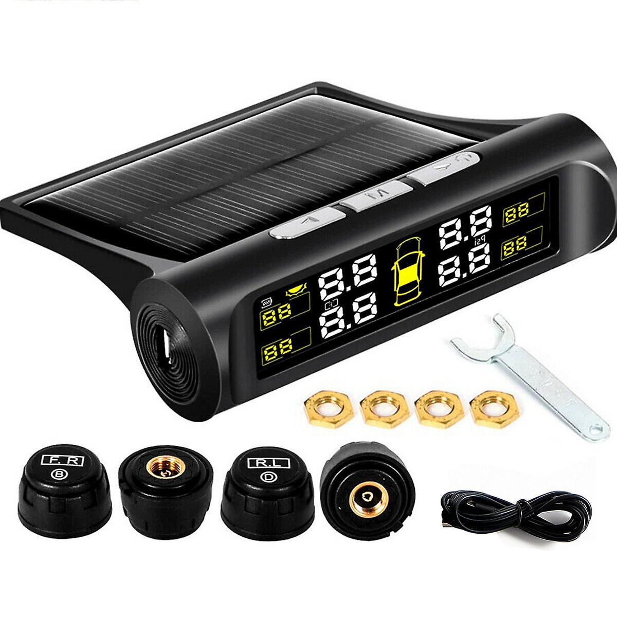 Wireless Solar Tpms Lcd Car Tire Pressure Monitoring System + 4 External Sensor