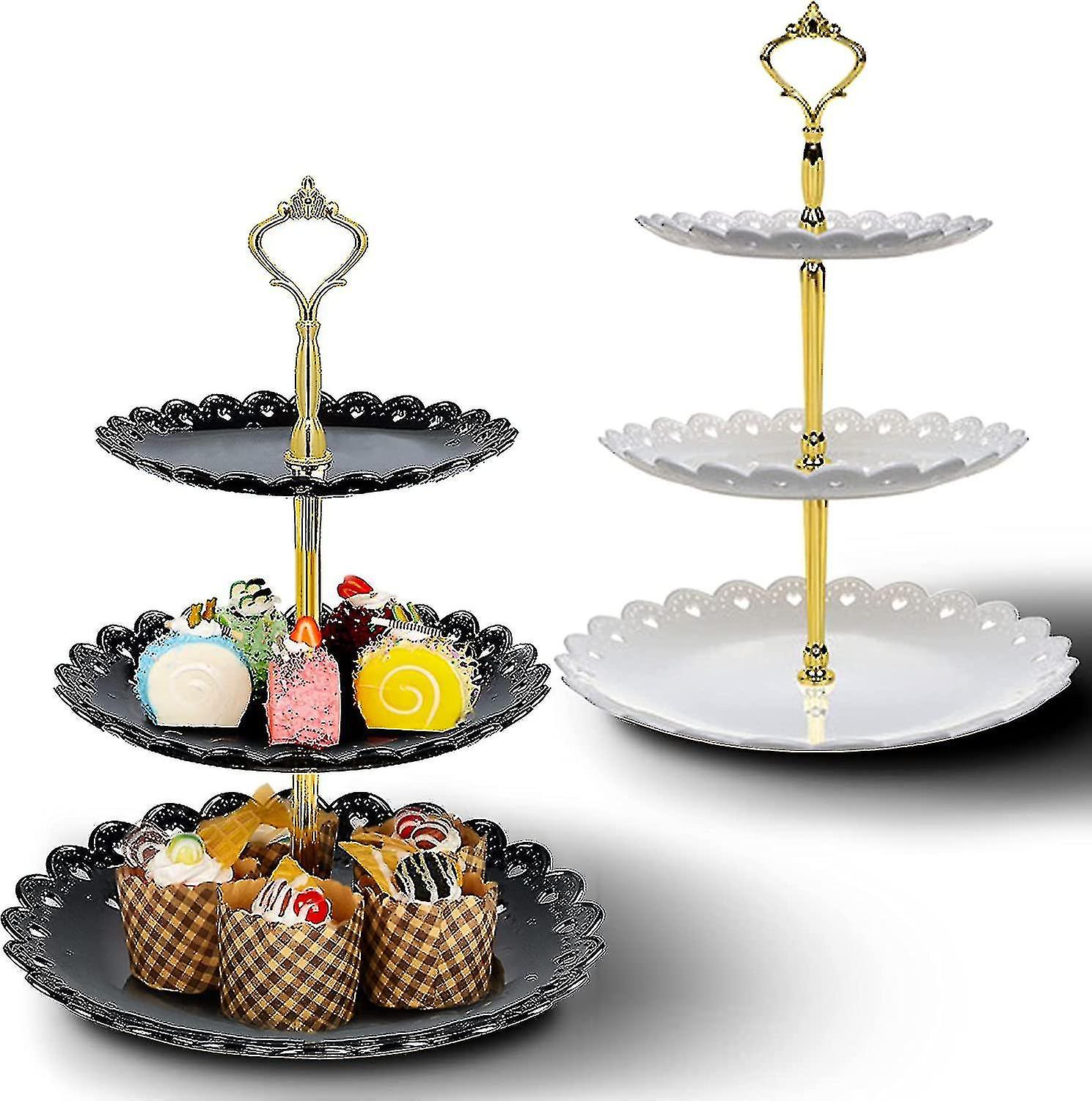 Three-layer Cake Snack Display Tray Food Stand (black + White) 2 Pieces