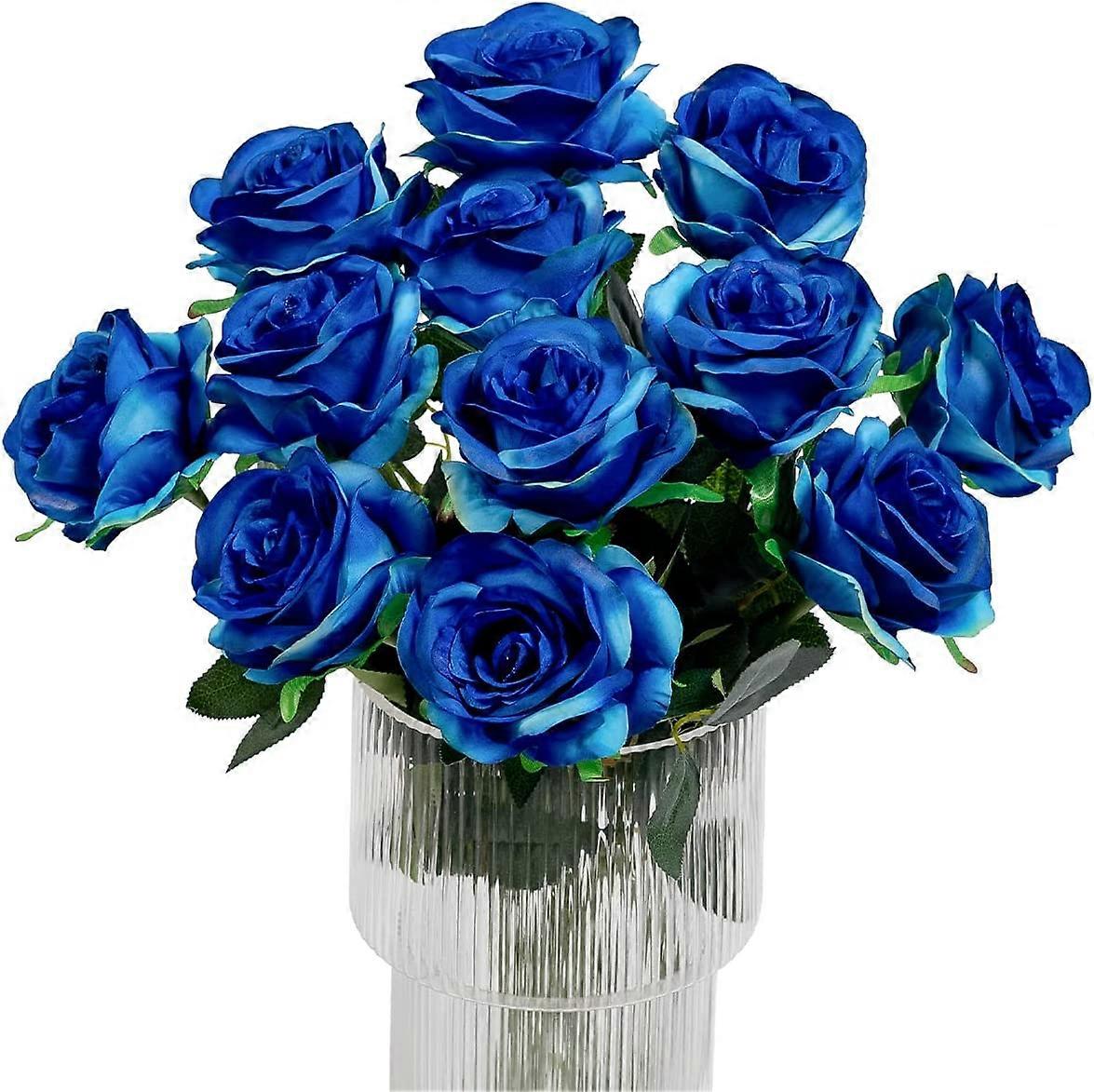 12Pcs Roses Artificial Flowers Realistic Single Stem FlowersBlue