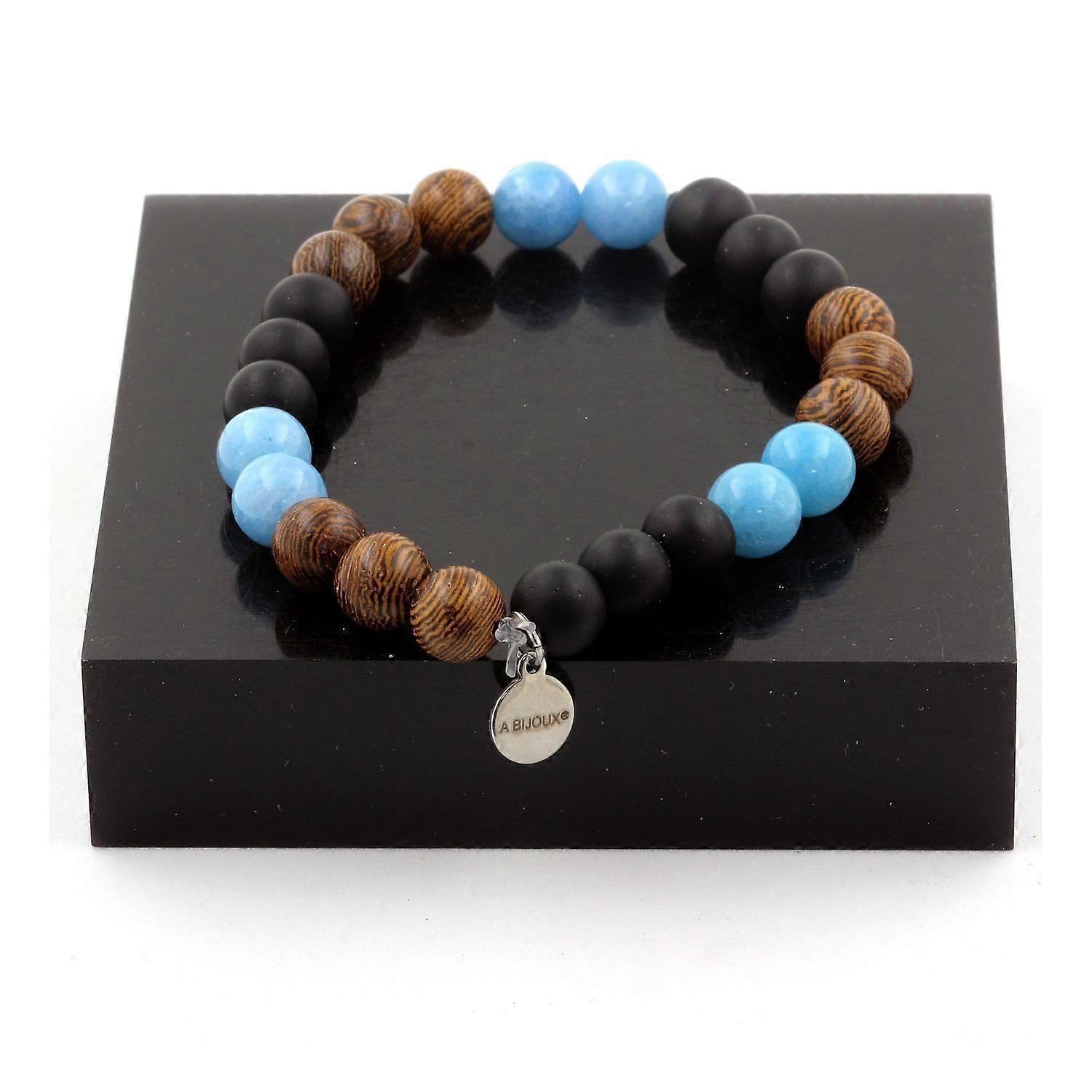 Blue Chalcedony Beads Bracelet + Matte Black Onyx + Wood 8 mm