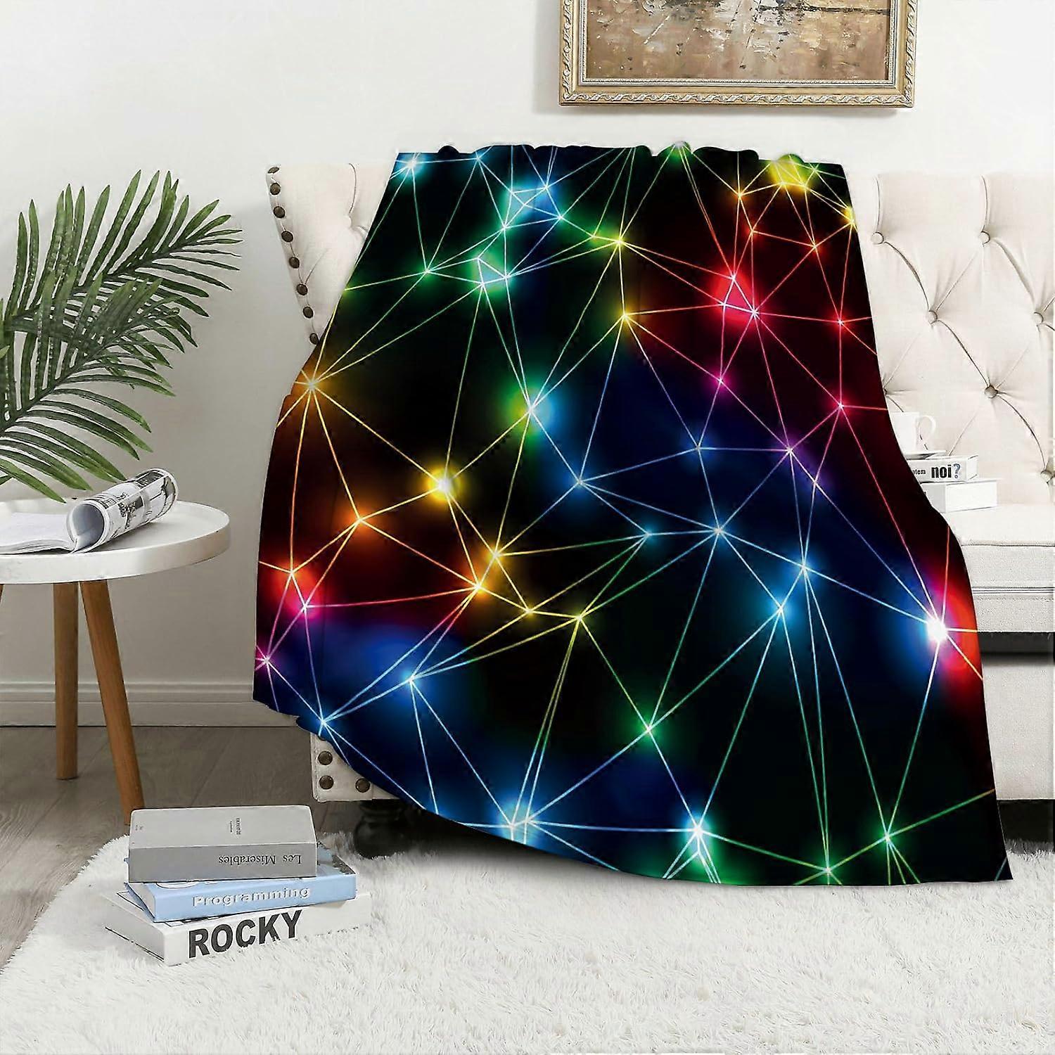 Blanket sofa Neon rainbow low polygon seamless pattern. Dark background with Glowing sparkling las flannel Blankets,Throws for Sofa Fluffy Blanket Bed