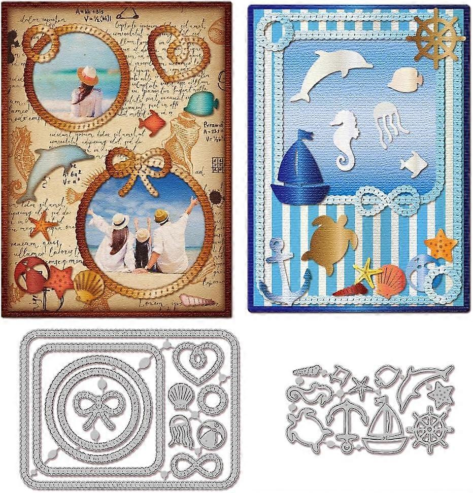 Summer Sea Background Photo Frame Cutting Dies Rope Wreath Cut Dies Fish Shell Border Die Cuts Anchor Sailboat Cutting Die for Card Making DIY Scrapbo
