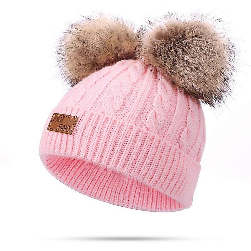 Toddler Woolen Hat Winter Twist Double Pom Pom Knitted Beanies Cap Pink