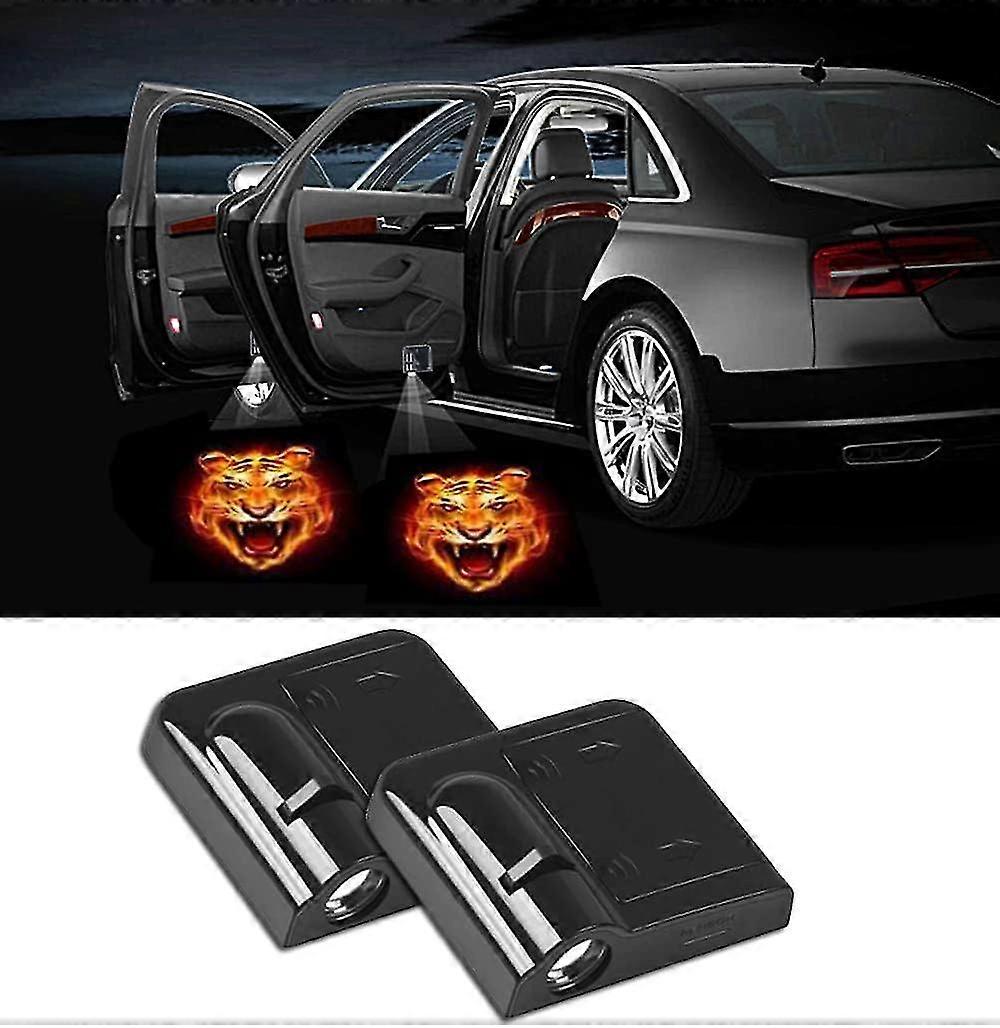 2pcs Wireless Projector Car Door Step Courtesy Welcome Lights (Tiger) Black
