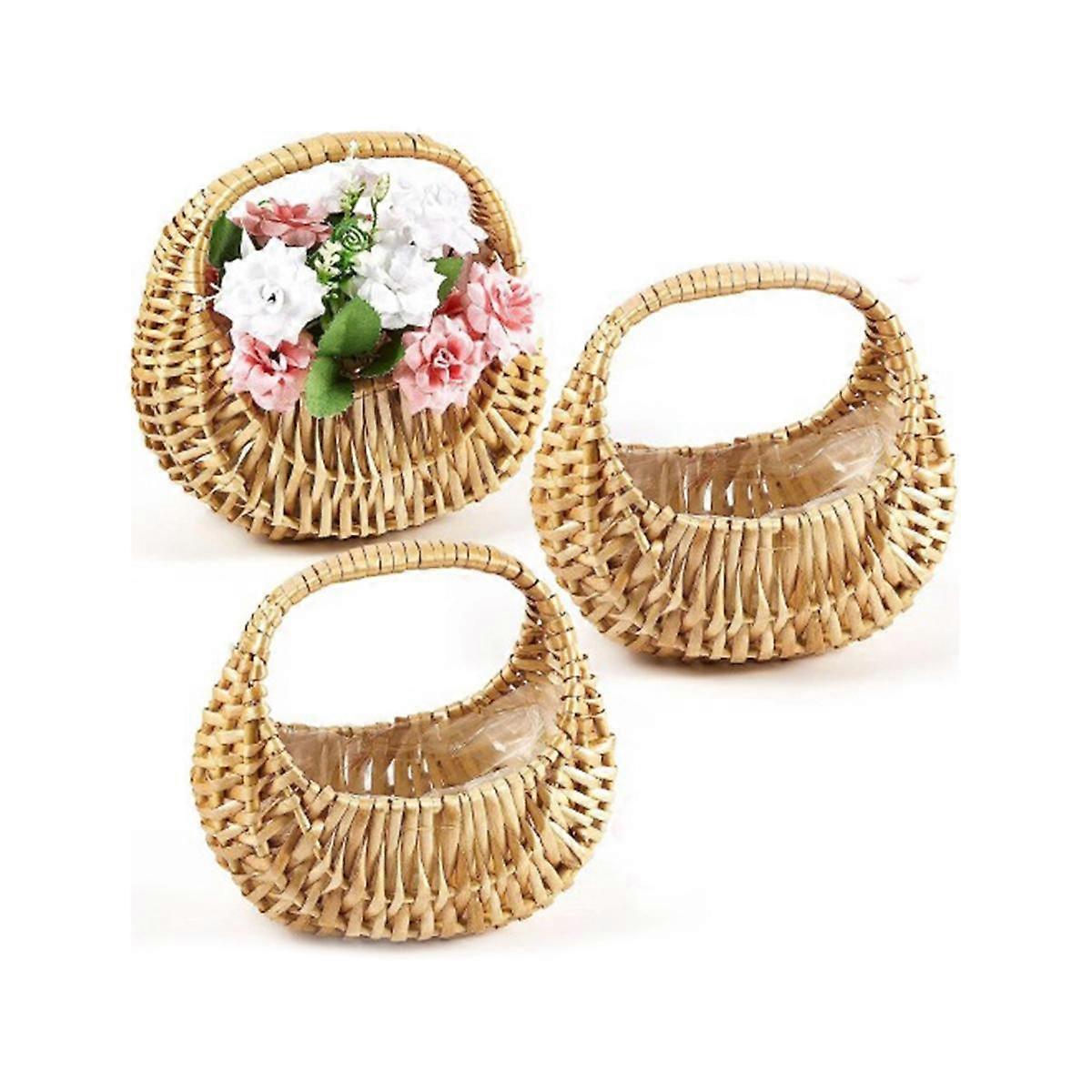 3Pcs Rattan Basket Half Moon Wicker Basket Willow Straw Basket Woven Basket with Handle Wedding Flo