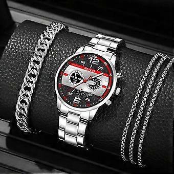 3PCS Set Fashion Mens Calendar Watches Male Business Stainless Steel Quartz Watch Men Necklace Bracelet Wrist Watch Reloj Hombre