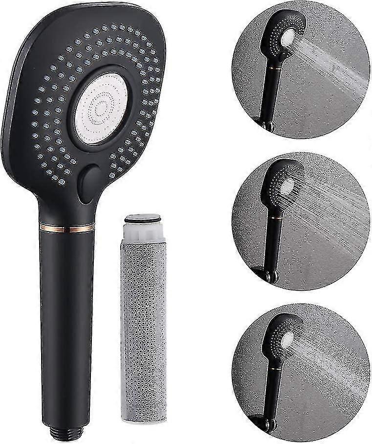 Shower Head Square Hand Shower Black, 3-function Filter Shower Head, Water-saving High