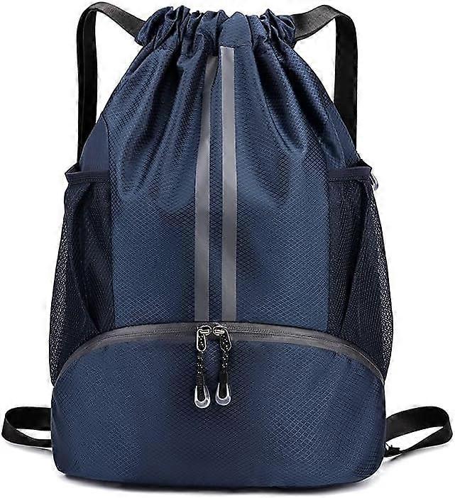 Sports Drawstring Backpack - String Swim Gym Bag with Shoes Compartment and Wet Proof Pocket for Women/Men (Navy Blue)